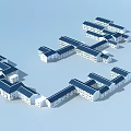 Ancient Architecture 3D Model With White Walls Blue Roofs Neatly Arranged Multiple Connected Building Units 3d model