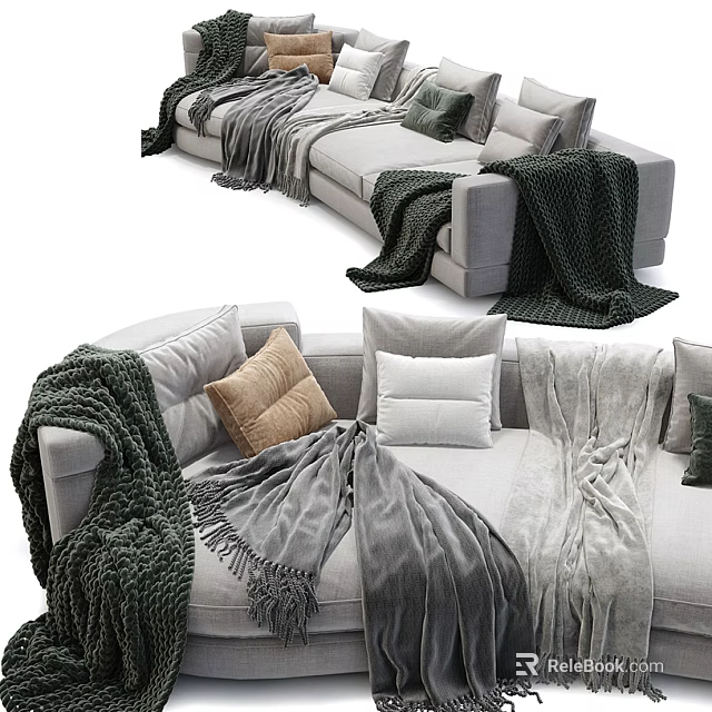 Cozy Multi Seater Sofa With Soft Gray Blankets And Beige Green Cushions 3d model 