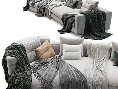 Cozy Multi Seater Sofa With Soft Gray Blankets And Beige Green Cushions 3d model