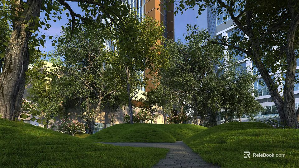 Urban Garden Landscape With Lush Trees Green Grass Lawn Stone Path Near Modern High Rise Buildings 3d model 