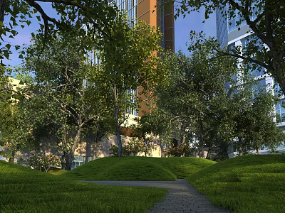Urban Garden Landscape With Lush Trees Green Grass Lawn Stone Path Near Modern High Rise Buildings 3d model
