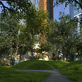 Urban Garden Landscape With Lush Trees Green Grass Lawn Stone Path Near Modern High Rise Buildings