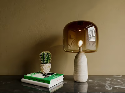 Modern Brown Shade Table Lamp With White Base Cactus And Books On Table 3d model