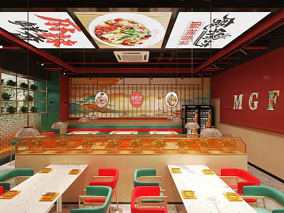 Modern Chinese Restaurant Interior With Red Green Decor Hanging Food Signs And Dining Tables 3d model