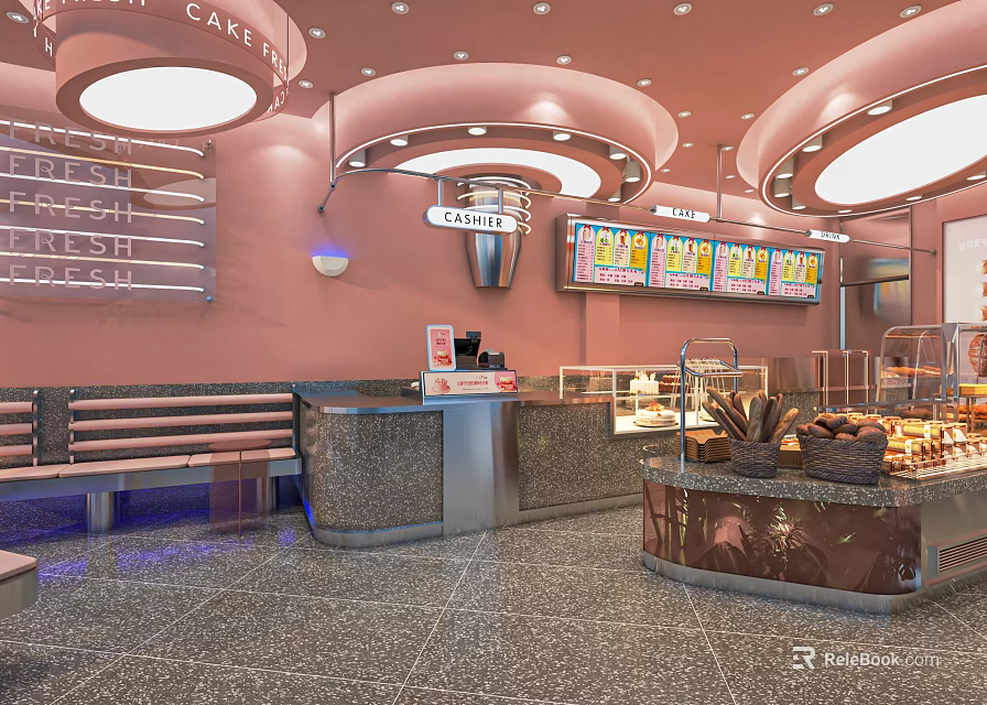 Cozy Bakery Interior With Pink Walls Round Ceiling Lights Display Cases And Bread Baskets 3d model 
