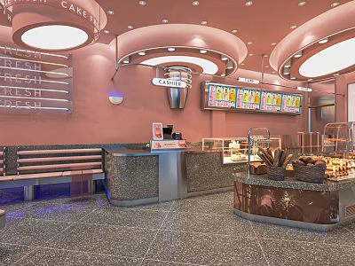 Cozy Bakery Interior With Pink Walls Round Ceiling Lights Display Cases And Bread Baskets 3d model