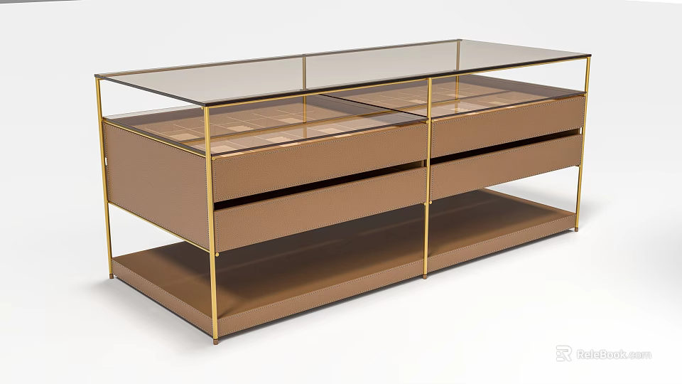 Modern Elegant Kitchen Island Cabinet With Glass Countertop Gold Metal Frame And Brown Storage 3d model 