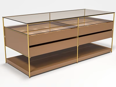 Modern Elegant Kitchen Island Cabinet With Glass Countertop Gold Metal Frame And Brown Storage 3d model