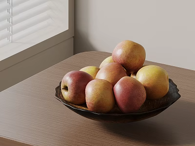 Fresh Red and Yellow Apples in Black Bowl on Wooden Table Near Window with Blinds 3d model