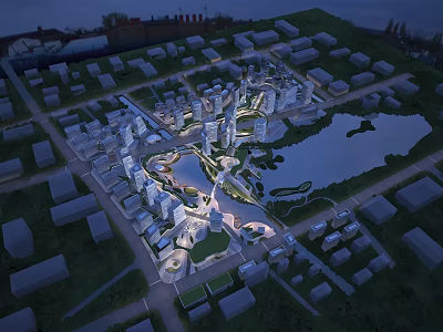 Aerial Planning of Modern Urban Region with Buildings Water Bodies and Road Networks 3d model