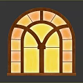 Classic Arched Window Design With Brown Frame And Yellow Orange Stained Glass
