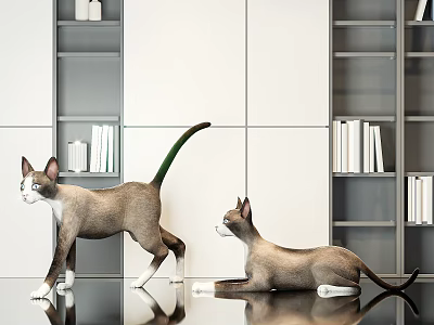 Two Reptile Lizards Standing And Lying Near Modern White Bookshelves 3d model