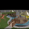 Kids Playground with Slide Thatched Umbrellas Wooden Cabin Water Pool Grass Lawn and Sea View