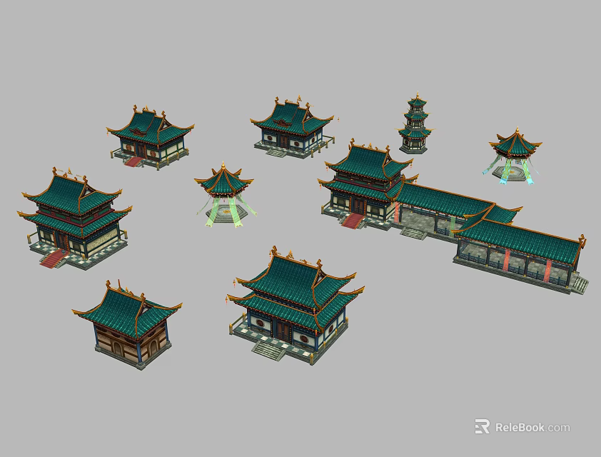 Traditional Ancient Chinese Architecture Models With Green Tiled Roofs And Flying Eaves 3d model 