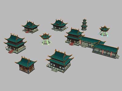 Traditional Ancient Chinese Architecture Models With Green Tiled Roofs And Flying Eaves 3d model