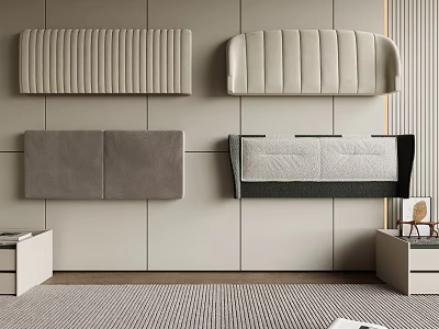 Different Designed Wall Mounted Headboards In Neutral Tones With Bedside Tables And Striped Carpet 3d model