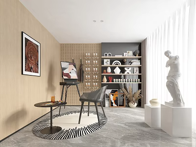 Artistic Book Art Interior Design With Easel Paintings Bookshelf Decor And Sculpture 3d model