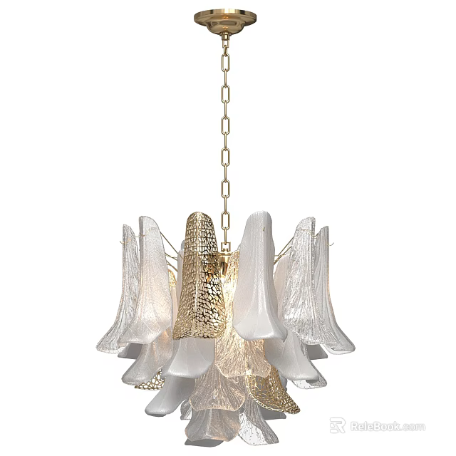 Modern Gold and White Chandelier with Petal Shaped Glass Shades and Gold Chain 3d model 
