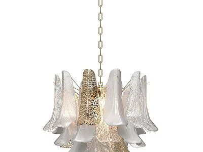 Modern Gold and White Chandelier with Petal Shaped Glass Shades and Gold Chain 3d model