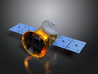 Advanced Space Satellite Featuring Blue Solar Panels And Golden Antenna Design 3d model