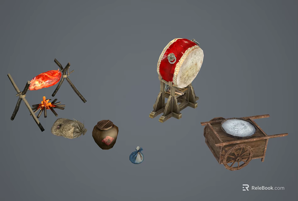 Traditional Scene Components Including Red Drum Bonfire Earthen Jar And Wooden Cart 3d model 
