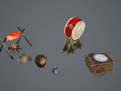 Traditional Scene Components Including Red Drum Bonfire Earthen Jar And Wooden Cart 3d model