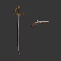 Antique Weapons Display Featuring Long Sword with Golden Hilt and Flintlock Pistol with Wooden Stock