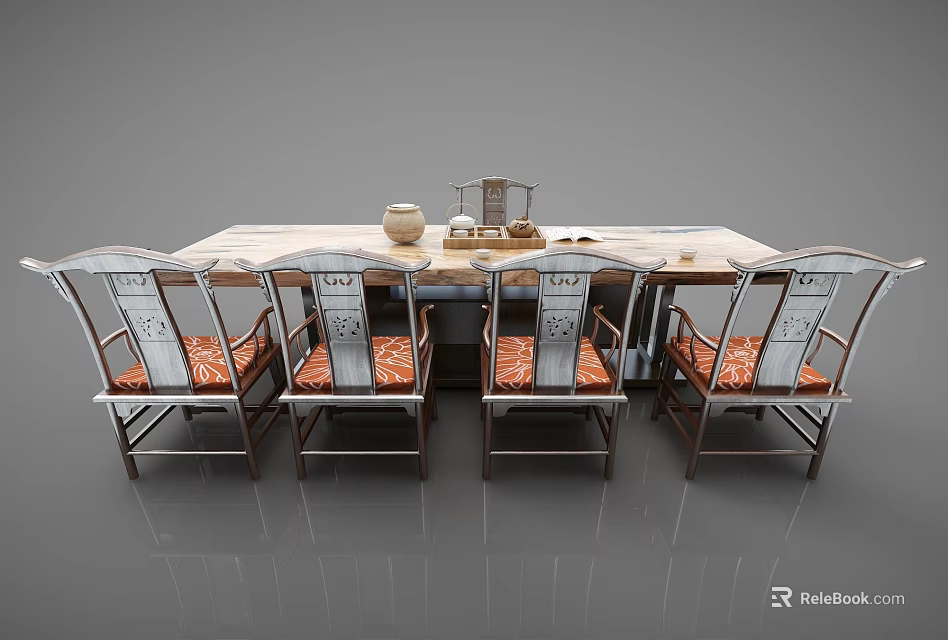 Traditional Chinese Wooden Desk Interior With Marble Top Tea Set And Chairs 3d model 