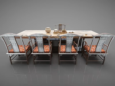 Traditional Chinese Wooden Desk Interior With Marble Top Tea Set And Chairs 3d model
