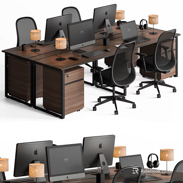 Modern Office Desk Setup With Multiple Computers Office Chairs And Table Lamps 3d model