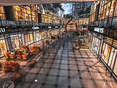 Modern Bustling Commercial Street With Glass Fronted Buildings Shops Pedestrians And Flower Beds 3d model