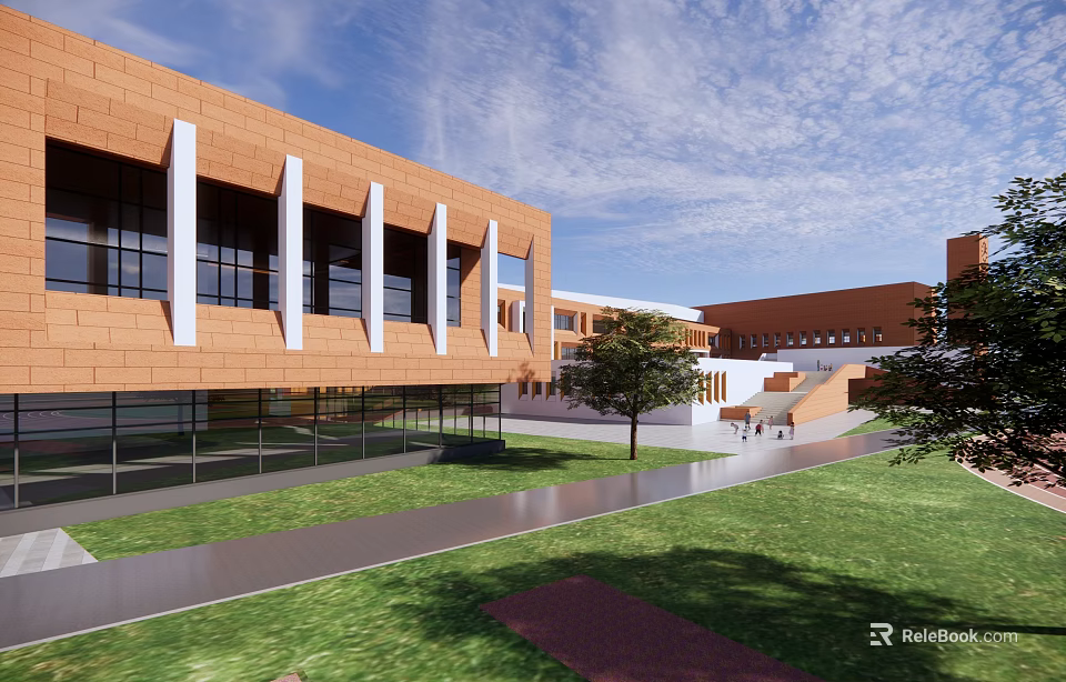 Modern School Building With Orange Red Brick Exterior Large Glass Windows And Green Campus Lawn 3d model 