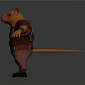 Anthropomorphic orange mouse wearing brown vest red belt boots with arms outstretched on gray background