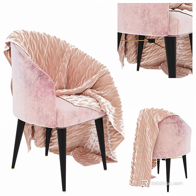 Elegant Pink Velvet Leisure Chair With Black Legs And Ruffled Fabric 3d model 