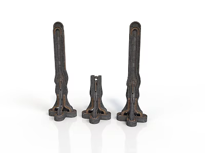 Three Black Metal Architectural Supports Featuring Intricate Carved Patterns 3d model