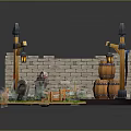 Cartoon Scene with Brick Walls Barrels Flag Street Lamps Gravestones Grass and Wooden Fences