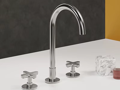 Sleek Modern Chrome Faucet with Cross Handles on White Countertop and Dark Gray Wall 3d model