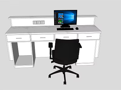 Modern Office Desk With Computer Monitor Keyboard Mouse Drawers And Black Chair 3d model