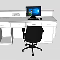 Modern Office Desk With Computer Monitor Keyboard Mouse Drawers And Black Chair