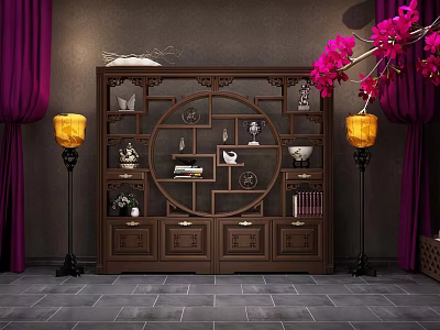 Traditional Chinese Dark Wood Curio Shelf With Circular Openwork Design And Decorative Items 3d model