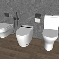Modern Toilets Against Gray Wall With Wooden Floor And Toilet Paper Holder Fixtures