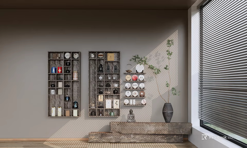 Stylish Tea Sets Displayed On Wooden Shelves Against Wall With Vase And Plant 3d model 