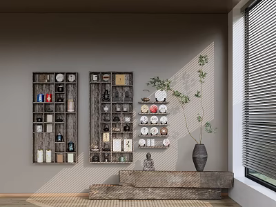 Stylish Tea Sets Displayed On Wooden Shelves Against Wall With Vase And Plant 3d model