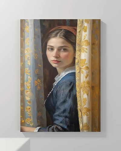 Portrait of a Woman in Blue Dress Peeking Through Sheer Yellow Floral Curtains 3d model