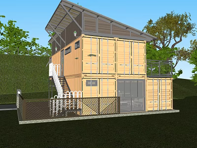 Two Story Container Guesthouse With Wooden Exterior Staircase Green Surroundings And Fence 3d model