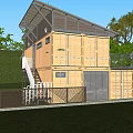 Two Story Container Guesthouse With Wooden Exterior Staircase Green Surroundings And Fence