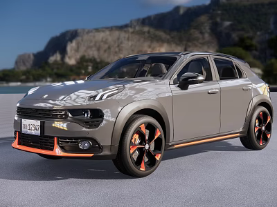Modern Gray SUV Car With Orange Accents And Mountain Waterfront View 3d model