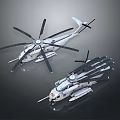 3D Rendered Two Modern Military Style Helicopters With Multiple Rotors On Dark Background