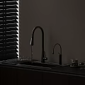 Modern Kitchen Sink With Two Chrome Faucets On Countertop And Window Blinds 3d model