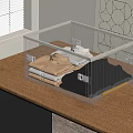 Transparent Storage Basket with Metal Frame on Wooden Desk Geometric Wall Decor and Window Blinds